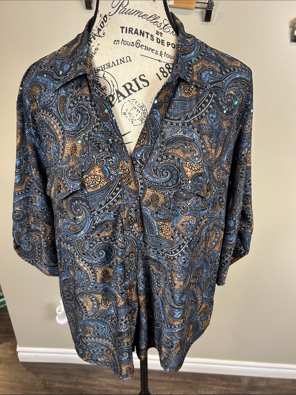 Blue Brown Paisley Sequin Button-Up Blouse Plus Petite PXL Cathy Petite